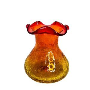 Vintage Hand Blown Rainbow Glass Co.4.5" Crackle Amberina Bud Vase Ruffled Edge
